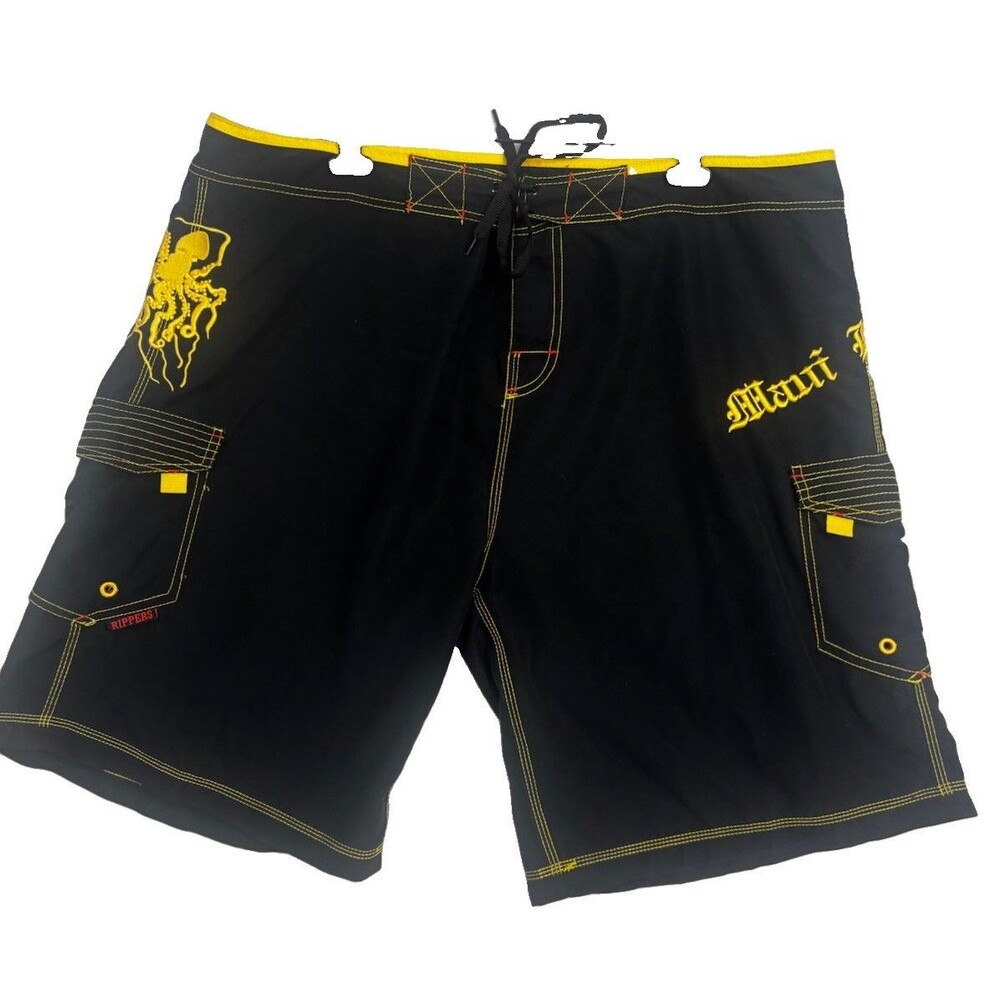 Maui Rippers Board Shorts Black Yellow Octopus Surf Swim Trunks Men’s 42